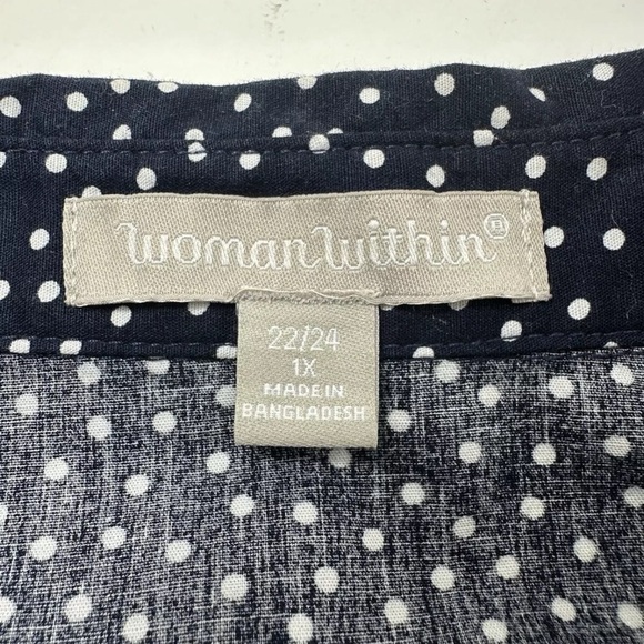 Woman Within Blue White Polka Dot Button Up Tunic 1X 22/24 Long Sleeve Cotton - Picture 3 of 7